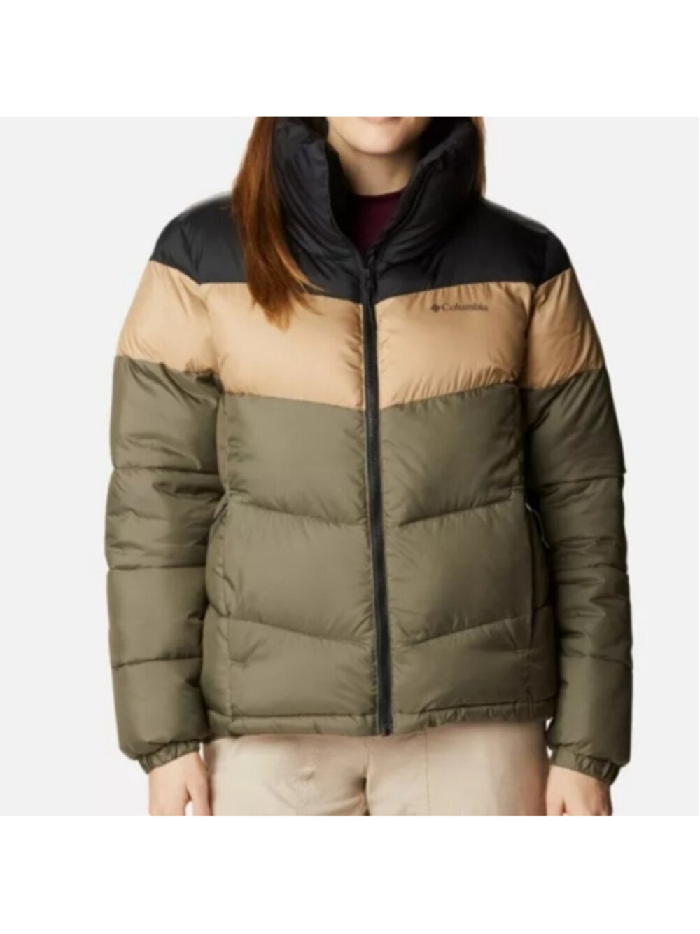 Columbia Puffect Green Brown Colorblock Puffer Jacket Womens Large